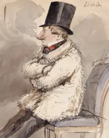 Man in fur jacket and top hat sits at the far end of a chair "L. Wiede". (c1850s). Creator: Fritz von Dardel