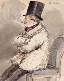 Man in fur jacket and top hat sits at the far end of a chair "L. Wiede". (c1850s). Creator: Fritz von Dardel
