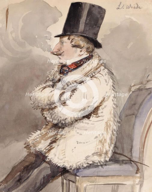 Man in fur jacket and top hat sits at the far end of a chair "L. Wiede". (c1850s). Creator: Fritz von Dardel.