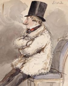 Man in fur jacket and top hat sits at the far end of a chair "L. Wiede". (c1850s). Creator: Fritz von Dardel