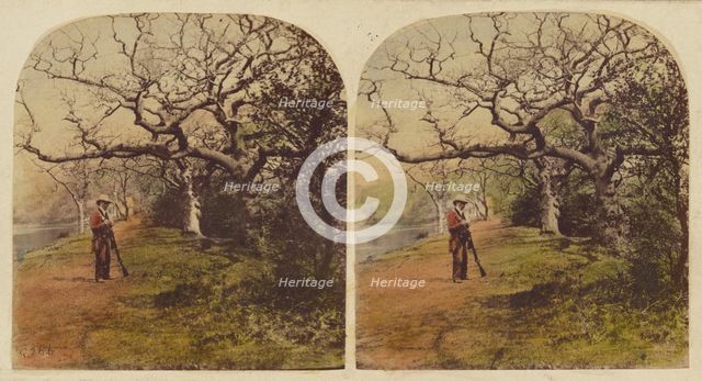 Man in hunting outfit with hat standing, holding shotgun, 1857-1859. Creator: William Morris Grundy.
