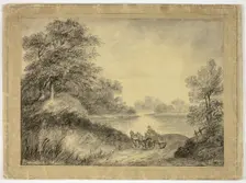 Man in Horse-Drawn Cart Beside Lake, n.d. Creator: Unknown