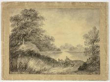 Man in Horse-Drawn Cart Beside Lake, n.d. Creator: Unknown