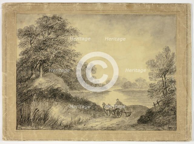 Man in Horse-Drawn Cart Beside Lake, n.d. Creator: Unknown.
