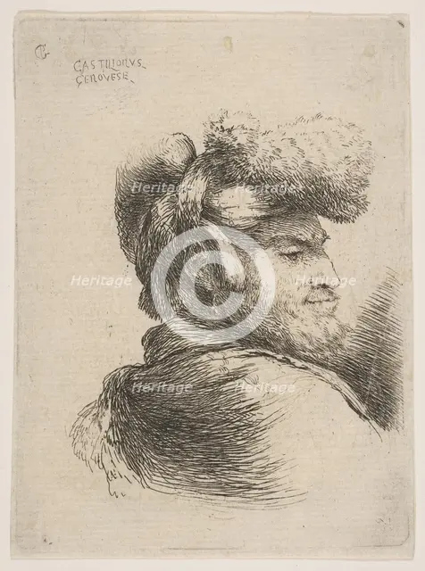 Man in profile facing right, wearing a fur hat, from series of 'Small Heads in Orie..., ca. 1645-50. Creator: Giovanni Benedetto Castiglione.