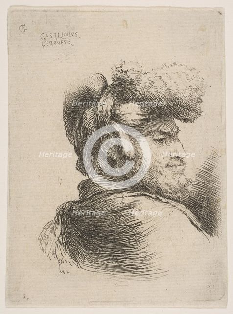 Man in profile facing right, wearing a fur hat, from series of 'Small Heads in Orie..., ca. 1645-50. Creator: Giovanni Benedetto Castiglione.