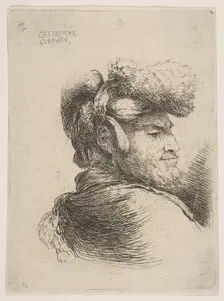 Man in profile facing right, wearing a fur hat, from series of Small Heads in Orie..., ca. 1645-50. Creator: Giovanni Benedetto Castiglione