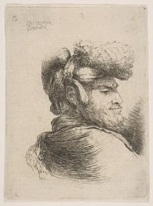 Man in profile facing right, wearing a fur hat, from series of Small Heads in Orie..., ca. 1645-50. Creator: Giovanni Benedetto Castiglione