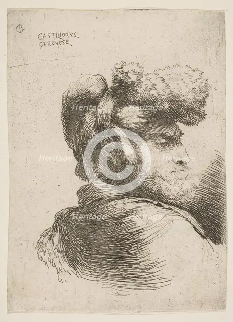 Man in profile facing right, wearing a fur hat, from series of 'Small Heads in Or..., ca. 1645-1650. Creator: Giovanni Benedetto Castiglione.