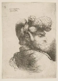 Man in profile facing right, wearing a fur hat, from series of Small Heads in Or..., ca. 1645-1650. Creator: Giovanni Benedetto Castiglione