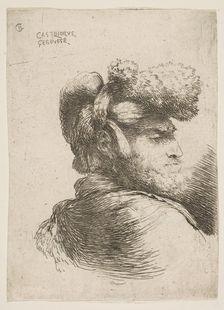 Man in profile facing right, wearing a fur hat, from series of Small Heads in Or..., ca. 1645-1650. Creator: Giovanni Benedetto Castiglione