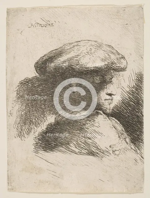 Man in profile facing right, wearing a fur hat, from series of 'Small Heads in Or..., ca. 1645-1650. Creator: Giovanni Benedetto Castiglione.