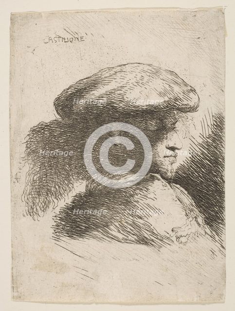 Man in profile facing right, wearing a fur hat, from series of 'Small Heads in Or..., ca. 1645-1650. Creator: Giovanni Benedetto Castiglione.