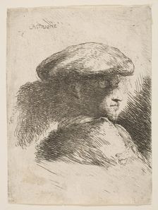 Man in profile facing right, wearing a fur hat, from series of Small Heads in Or..., ca. 1645-1650. Creator: Giovanni Benedetto Castiglione