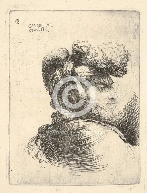 Man in profile facing right, wearing a fur hat, from series of 'Small Heads in Or..., ca. 1645-1650. Creator: Giovanni Benedetto Castiglione.