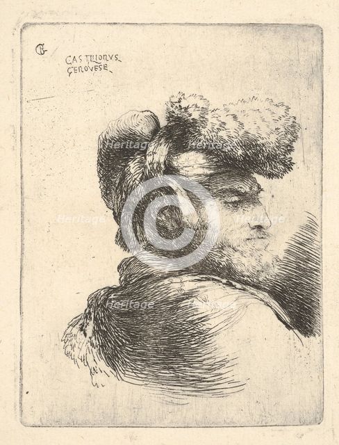 Man in profile facing right, wearing a fur hat, from series of 'Small Heads in Or..., ca. 1645-1650. Creator: Giovanni Benedetto Castiglione.