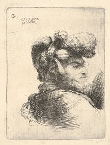 Man in profile facing right, wearing a fur hat, from series of Small Heads in Or..., ca. 1645-1650. Creator: Giovanni Benedetto Castiglione