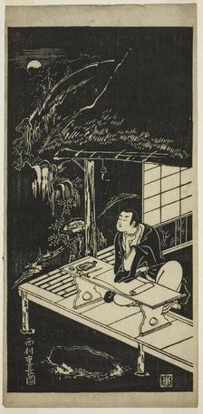 Man in Thatched Hut Viewing the Moon, c. 1740s. Creator: Nishimura Shigenaga