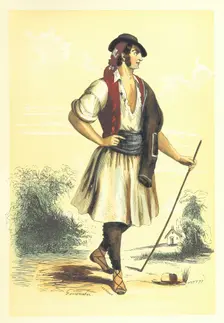 Man in traditional costume, 1848. Creators: Adolphe François Pannemaker, Estaquier