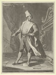 Man in Venetian costume standing before a large fireplace, right arm outstretched..., ca. 1770-1800. Creator: Anon