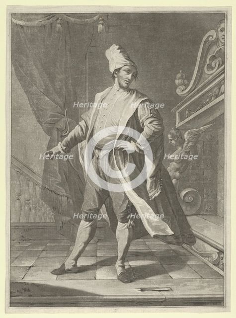 Man in Venetian costume standing before a large fireplace, right arm outstretched..., ca. 1770-1800. Creator: Anon.