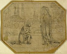 Man Kneeling Before Veiled Woman with Mosque in Background, n.d. Creator: Johann August Rossmassler