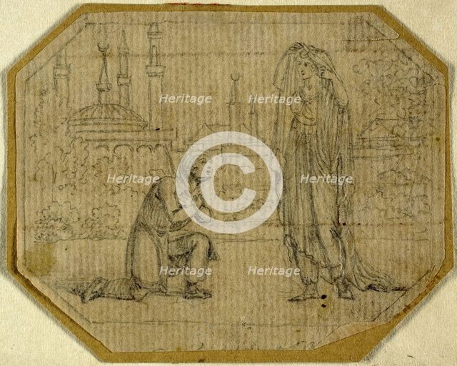 Man Kneeling Before Veiled Woman with Mosque in Background, n.d. Creator: Johann August Rossmassler.