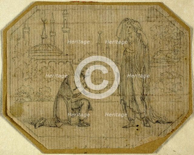 Man Kneeling Before Veiled Woman with Mosque in Background, n.d. Creator: Johann August Rossmassler.