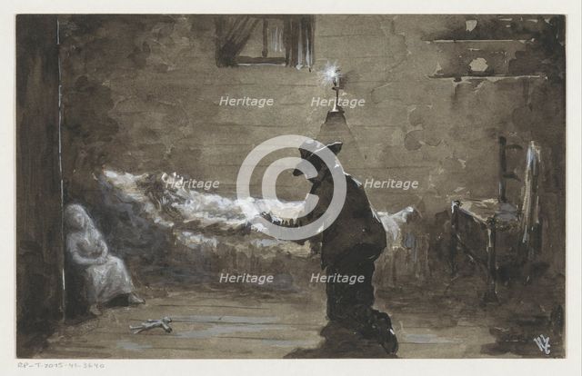 Man kneels at a woman's bed, in or before 1910. Creator: Louwerse, H.C..