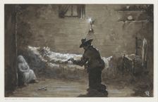 Man kneels at a woman's bed, in or before 1910. Creator: Louwerse, H.C.