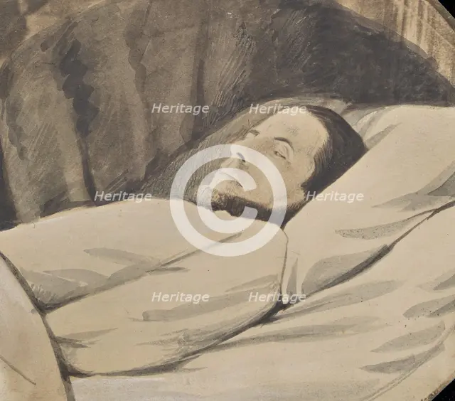 Man lying in bed, eyes closed, about 1850-1860. Creator: Unknown.