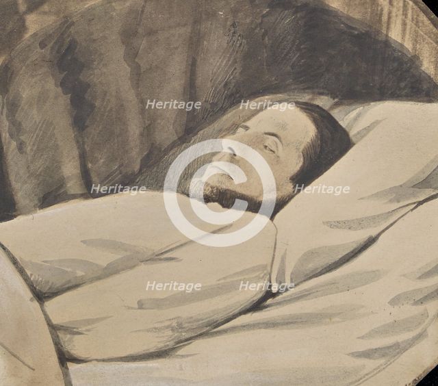 Man lying in bed, eyes closed, about 1850-1860. Creator: Unknown.