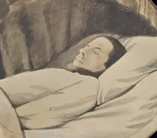 Man lying in bed, eyes closed, about 1850-1860. Creator: Unknown
