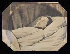 Man lying in bed, eyes closed, about 1850-1860. Creator: Unknown
