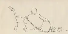 Man leaning against pushchair on the beach, c1950. Creator: Shirley Markham