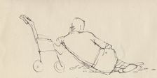 Man leaning against pushchair on the beach, c1950. Creator: Shirley Markham