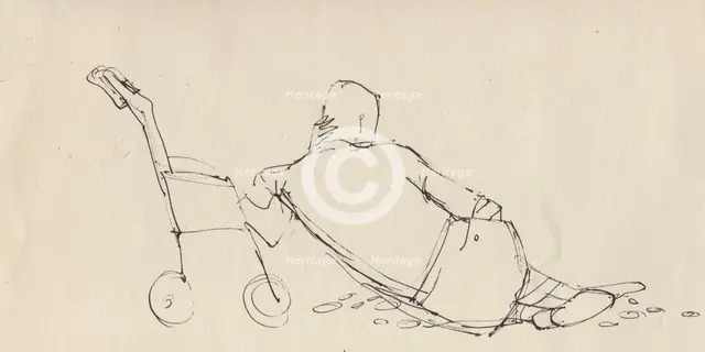 Man leaning against pushchair on the beach, c1950. Creator: Shirley Markham.