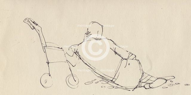 Man leaning against pushchair on the beach, c1950. Creator: Shirley Markham.
