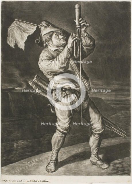 Man Lighting a Rocket, also called Peace is Better than a Victory, from Communia..., 1695. Creator: Cornelis Dusart.