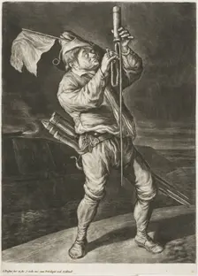 Man Lighting a Rocket, also called Peace is Better than a Victory, from Communia..., 1695. Creator: Cornelis Dusart