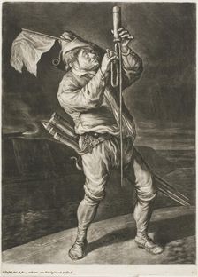 Man Lighting a Rocket, also called Peace is Better than a Victory, from Communia..., 1695. Creator: Cornelis Dusart