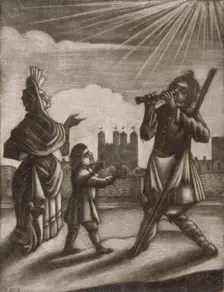 Man piping and a woman and child dancing near the walls of the Tower of London, c1770. Artist: Anon