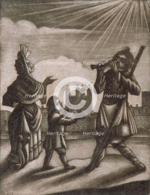 Man piping and a woman and child dancing near the walls of the Tower of London, c1770. Artist: Anon
