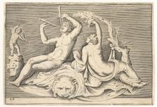 Man Playing Two Flutes and Woman on Lionskin, published ca. 1599-1622. Creator: Unknown