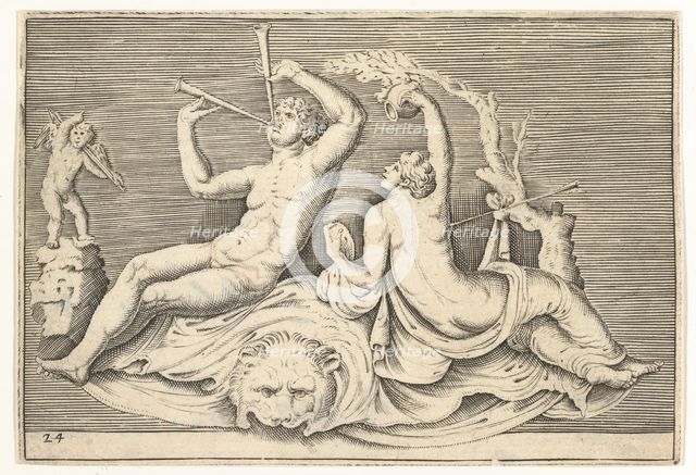 Man Playing Two Flutes and Woman on Lionskin, published ca. 1599-1622. Creator: Unknown.