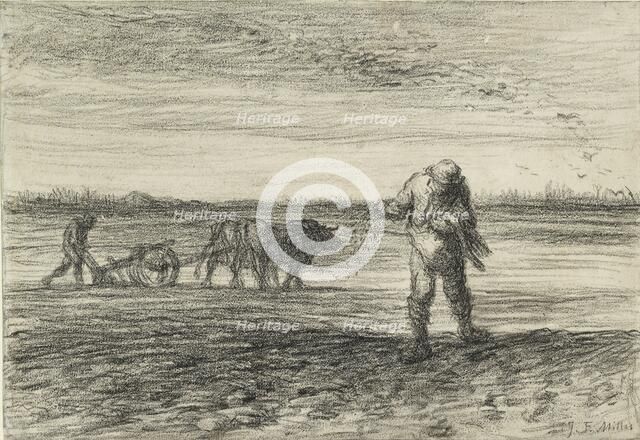 Man ploughing and another sowing, 1849-1852. Artist: Jean Francois Millet.
