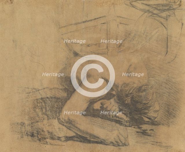 Man Reclining on the Ground and the Corner of a Bed [verso], 1758/1765. Creator: Jean-Baptiste Deshays.