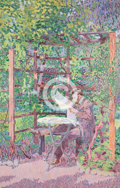 Man reading in an arbor, 1905. Creator: Rudolf Junk.