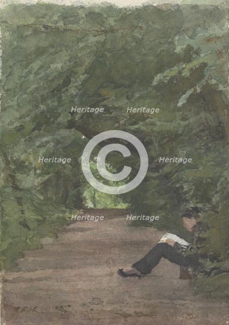 Man reading in forest avenue, 1874-1925. Creator: Jan Veth.