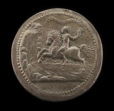 Man Riding Towards a Cliff Carrying A Scroll [reverse], 1531. Creator: Christoph Weiditz